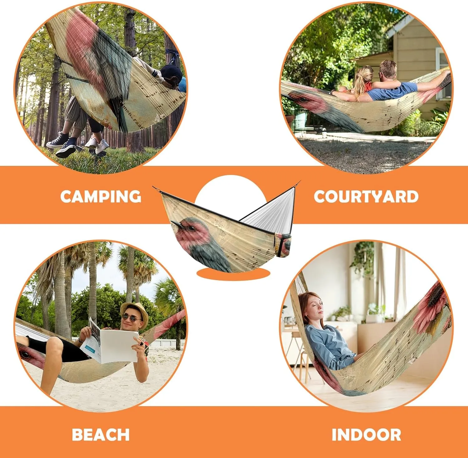Camping Hammock Double & Single Portable Hammocks with 2 Tree Straps, Great for Hiking,Backpacking,Hunting,Outdoor,Beach,Camping, Bird (35)