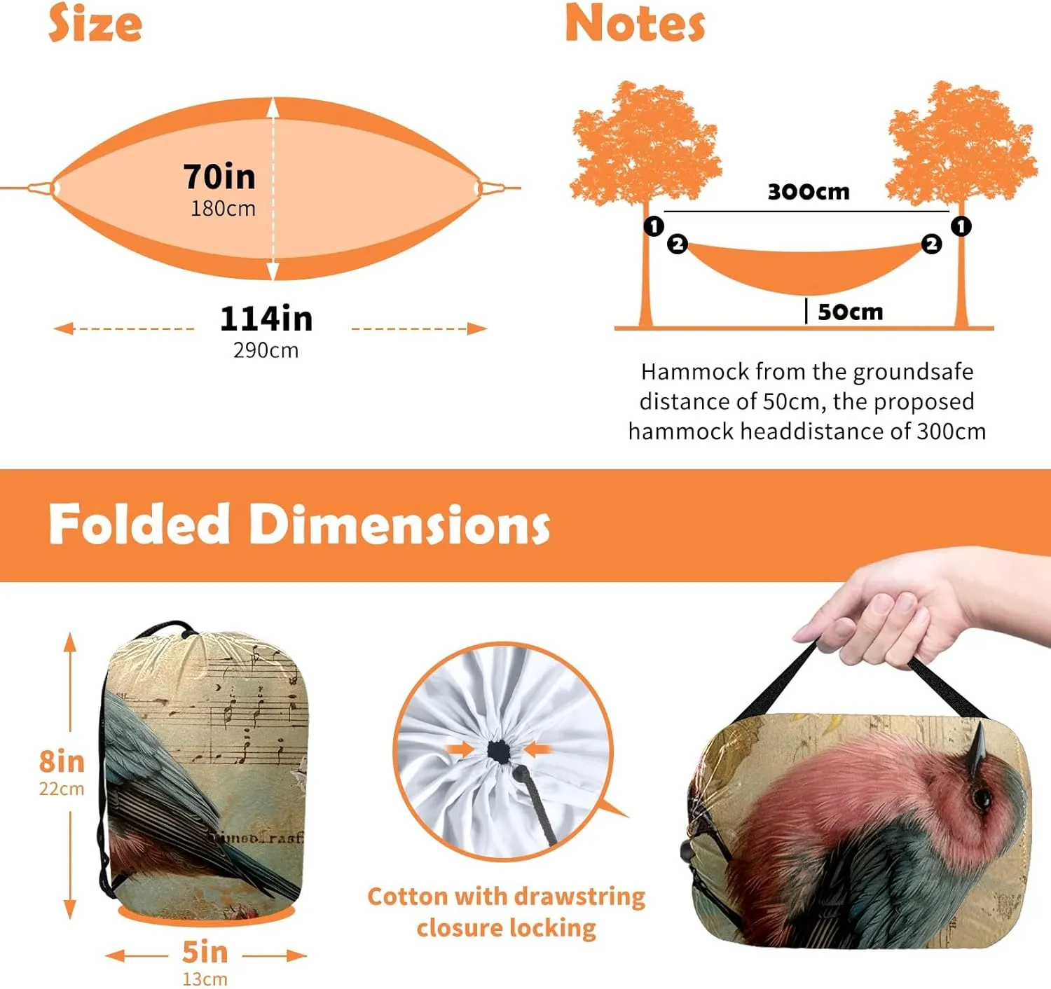 Camping Hammock Double & Single Portable Hammocks with 2 Tree Straps, Great for Hiking,Backpacking,Hunting,Outdoor,Beach,Camping, Bird (35)