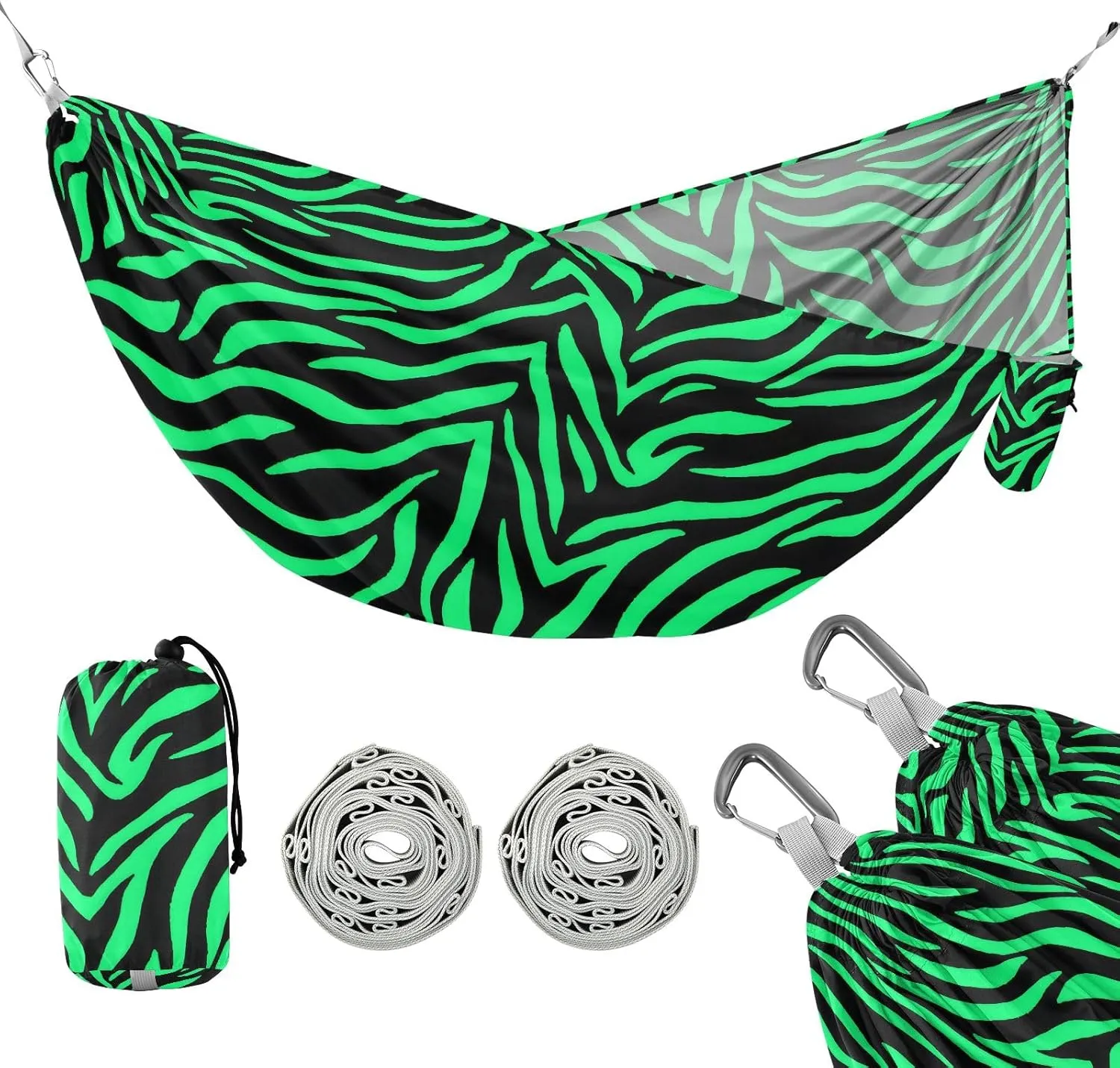 Camping Hammock Outdoor Hammocks for Outside Green Zebra Stripe Beach Trees Portable Lightweight with Pockets Tree Straps Indoor