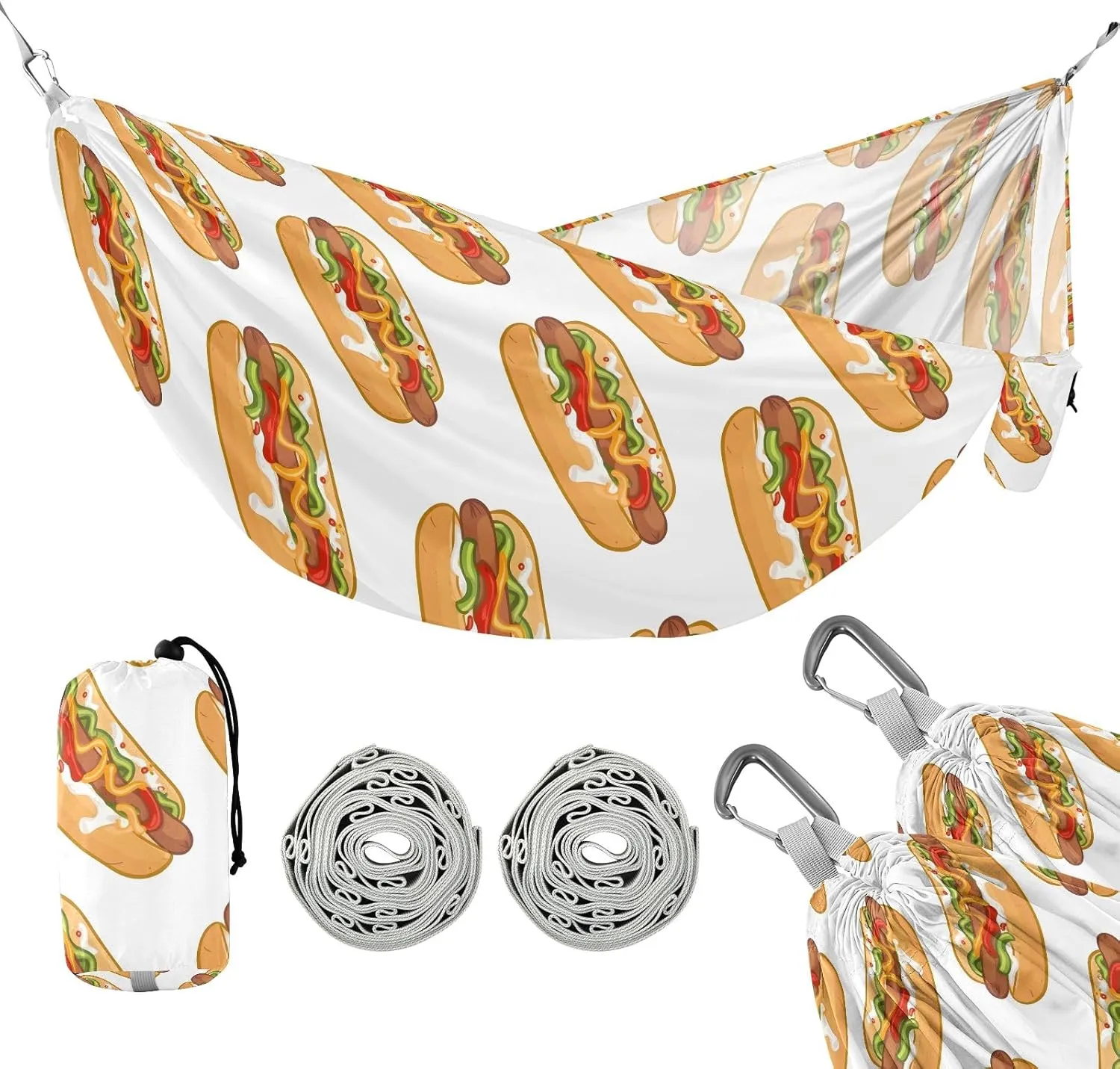 Camping Hammock Outdoor Hammocks for Outside Hot Dog Food Beach Trees Portable Lightweight with Pockets Tree Straps Indoor Small