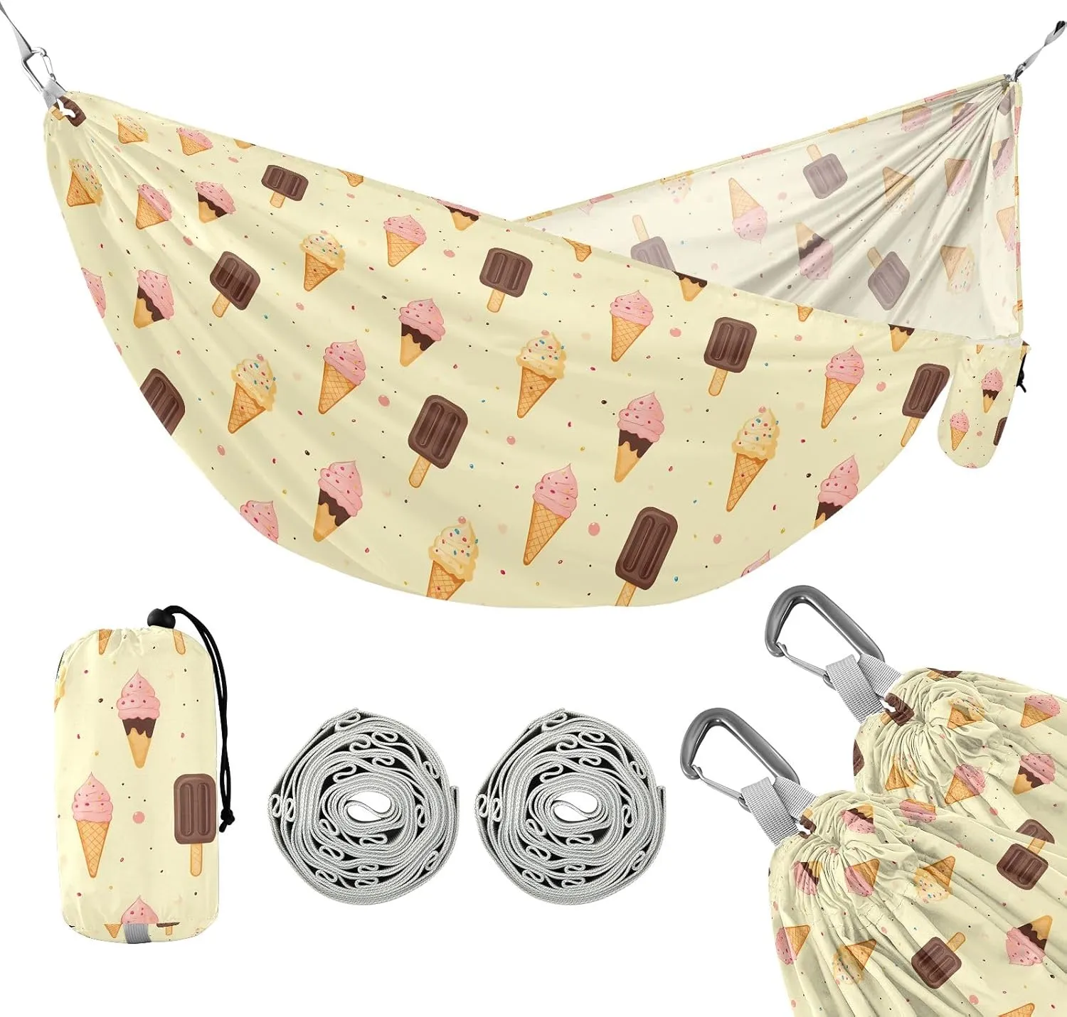Camping Hammock Outdoor Hammocks for Outside Pink Ice Cream Chocolate Beach Trees Portable Lightweight with Pockets Tree Straps Indoor