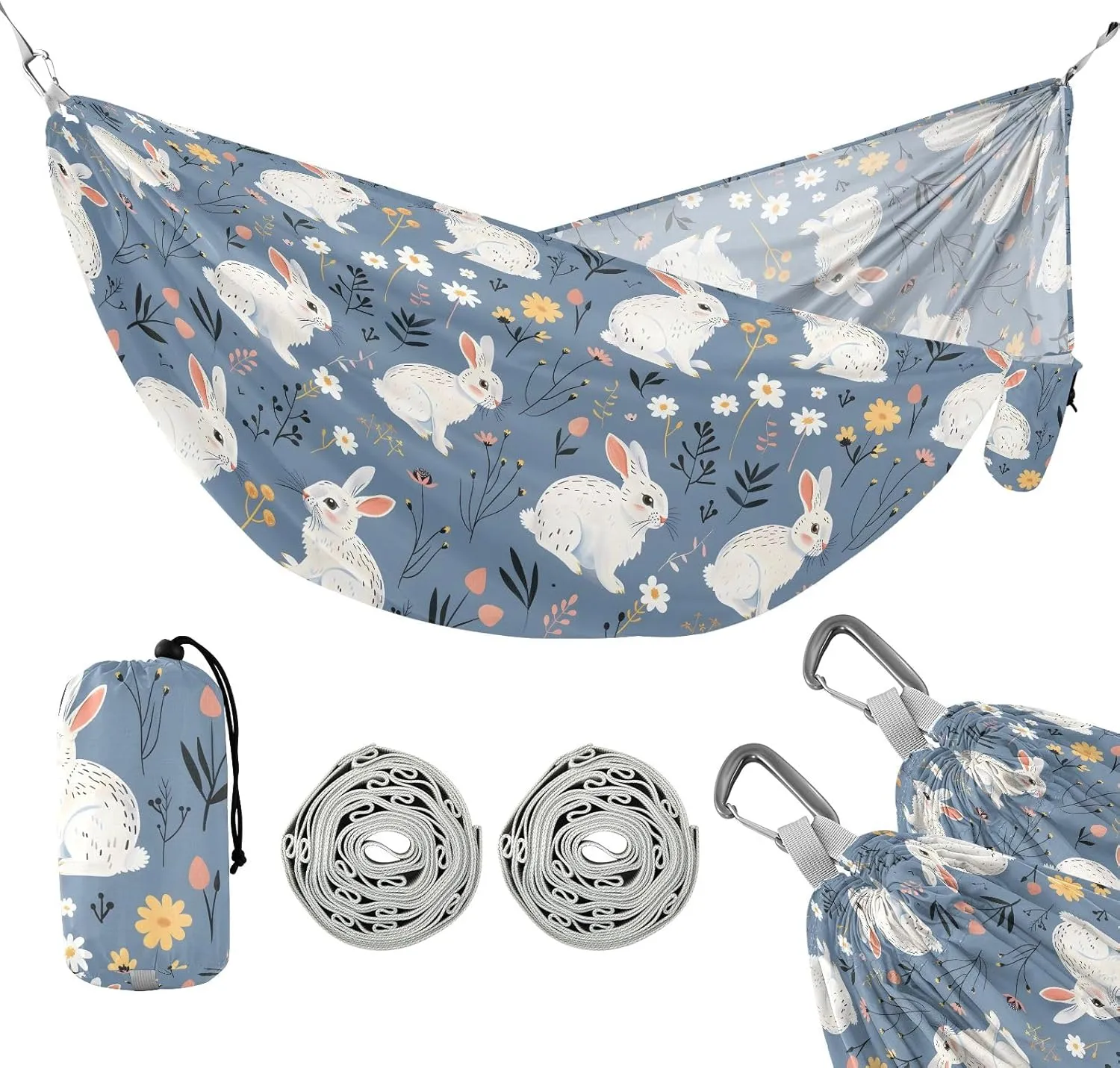 Camping Hammock Outdoor Hammocks for Outside Rabbit Flower Gray Beach Trees Portable Lightweight with Pockets Tree Straps Indoor