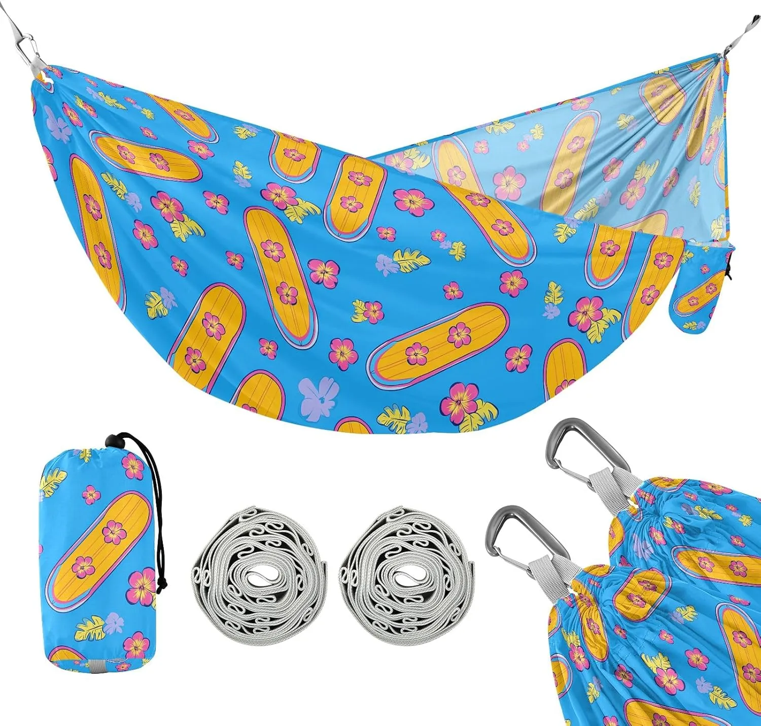 Camping Hammock Outdoor Hammocks for Outside Surfboard Hibiscus Blue Beach Trees Portable Lightweight with Pockets Tree Straps Indoor