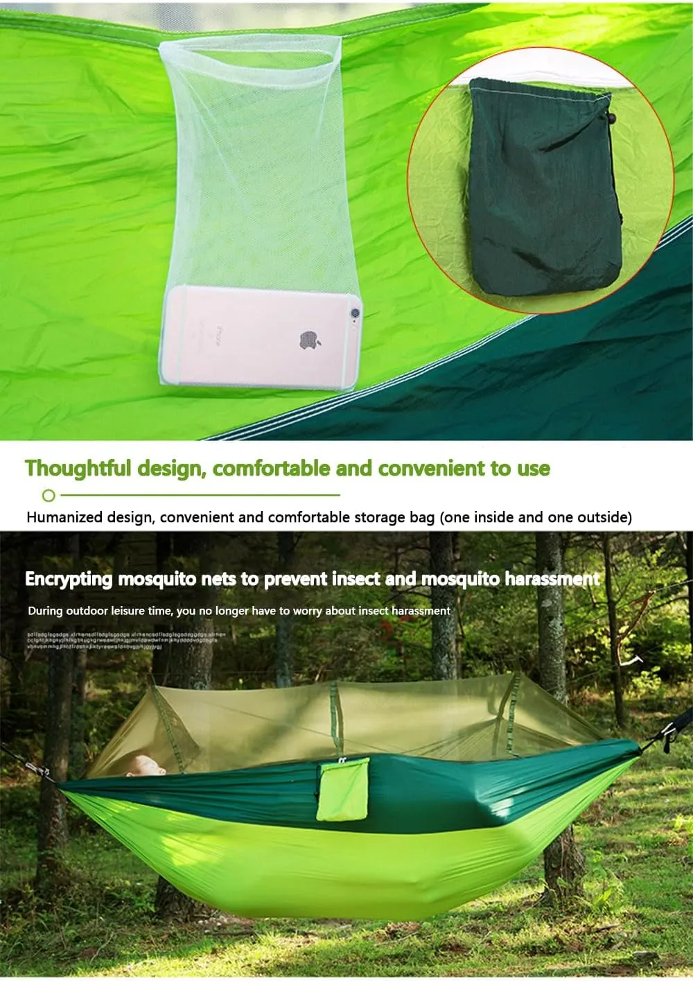 Camping Hammock -Portable Hammock，Insect and Mosquito nets, Multi-Person Load Bearing，Ultralight Nylon Camping Air Tent (Fruit Green Mixed with Dark Green (White net))