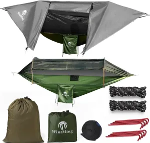 Camping Hammock with Mosquito Net and Rain Fly Cover Portable Lightweight 230T Nylon Hammocks with Removable Bug Net Outdoor Hiking Backpacking Travel Camping (Grey)