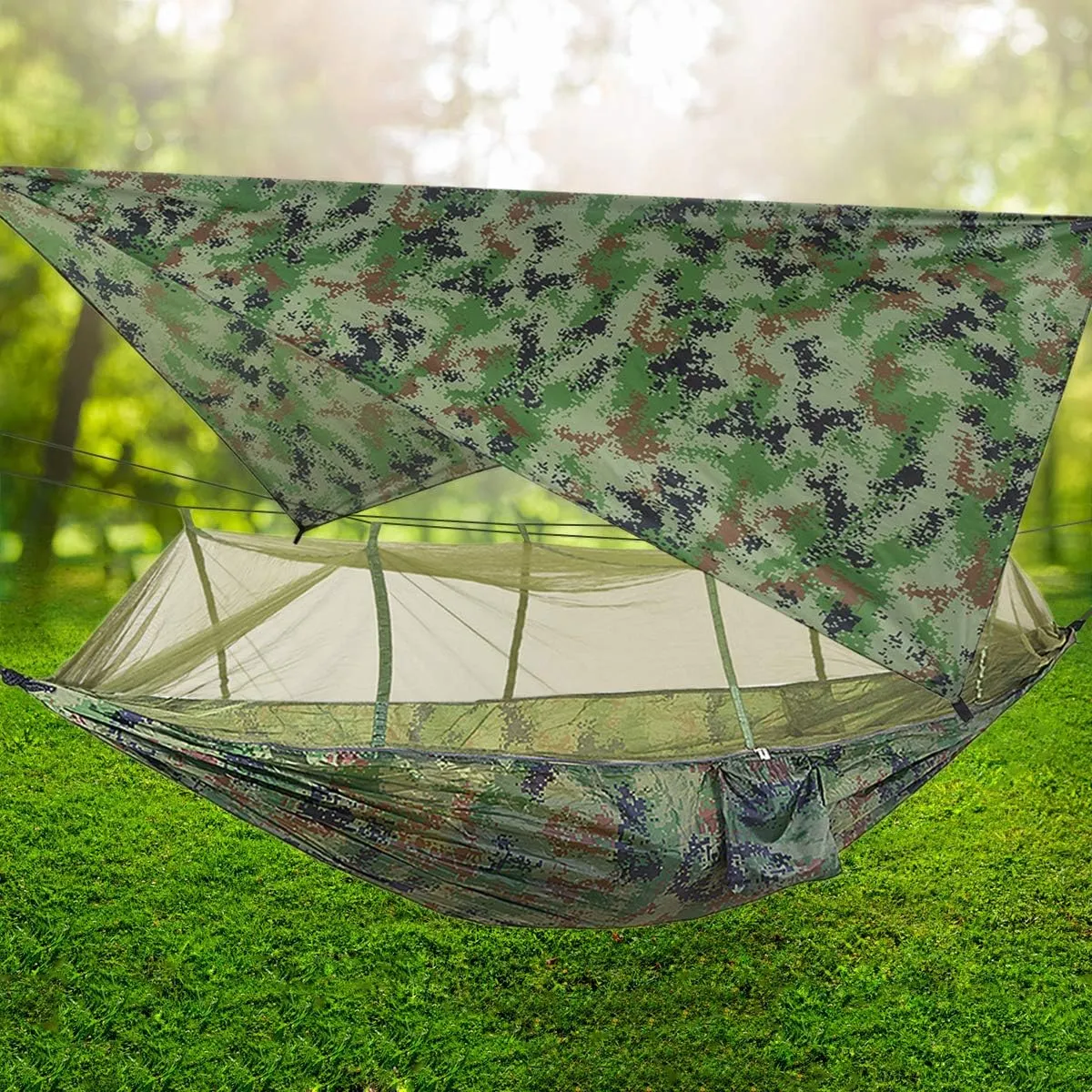 Camping Hammock with Net, 2 Person Portable Hammock, Nylon Parachute Hammock Tent with Tarp Tree Straps for Camping Backpacking Travel Beach Backyard Outdoor Hiking, Ship from US (Camouflage)