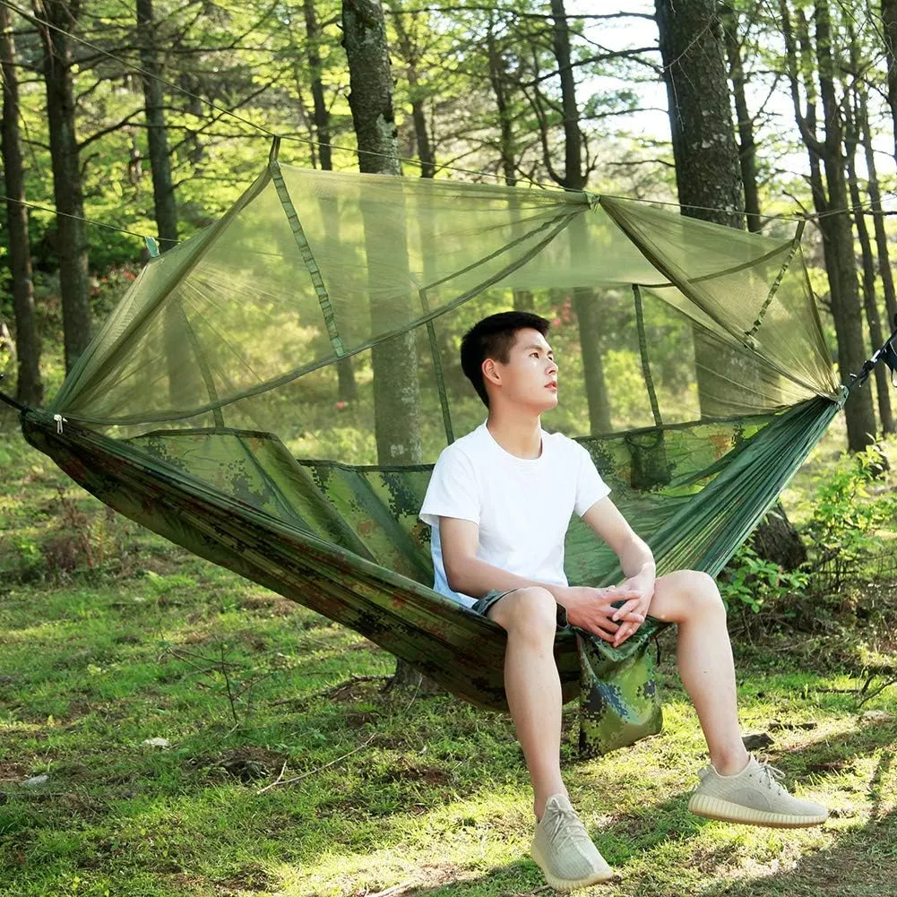 Camping Hammock with Net, 2 Person Portable Hammock, Nylon Parachute Hammock Tent with Tarp Tree Straps for Camping Backpacking Travel Beach Backyard Outdoor Hiking, Ship from US (Camouflage)