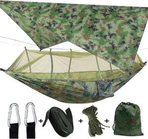 Camping Hammock with Net, 2 Person Portable Hammock, Nylon Parachute Hammock Tent with Tarp Tree Straps for Camping Backpacking Travel Beach Backyard Outdoor Hiking, Ship from US (Camouflage)