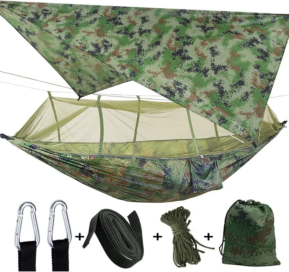 Camping Hammock with Net, 2 Person Portable Hammock, Nylon Parachute Hammock Tent with Tarp Tree Straps for Camping Backpacking Travel Beach Backyard Outdoor Hiking, Ship from US (Camouflage)