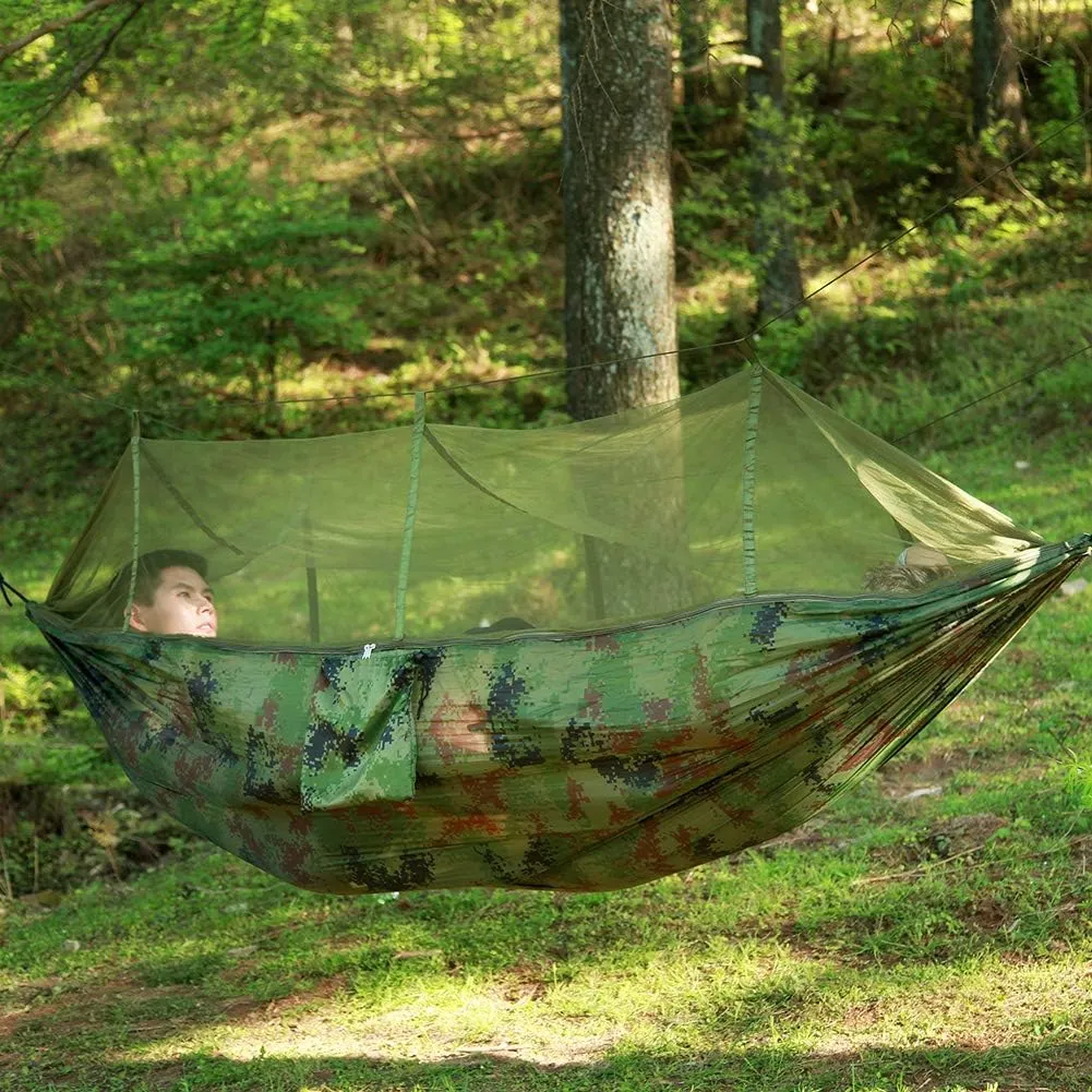 Camping Hammock with Net, 2 Person Portable Hammock, Nylon Parachute Hammock Tent with Tarp Tree Straps for Camping Backpacking Travel Beach Backyard Outdoor Hiking, Ship from US (Camouflage)