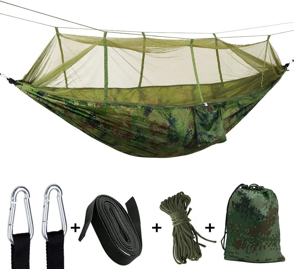 Camping Hammock with Net, 2 Person Portable Hammock, Nylon Parachute Hammock Tent with Tarp Tree Straps for Camping Backpacking Travel Beach Backyard Outdoor Hiking, Ship from US (Camouflage)