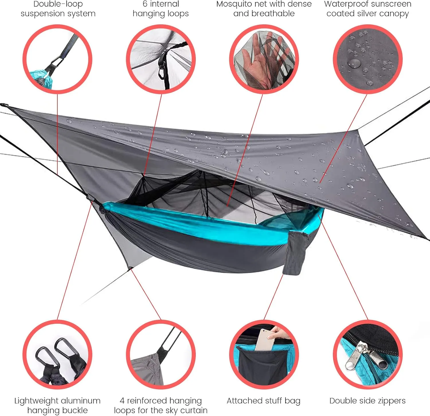 Camping Hammock with Rain Fly Mosquito Net, Waterproof Portable Nylon Hammock Tent Set with Pocket for Backpacking Hiking Travel Outdoor (Sky Blue)