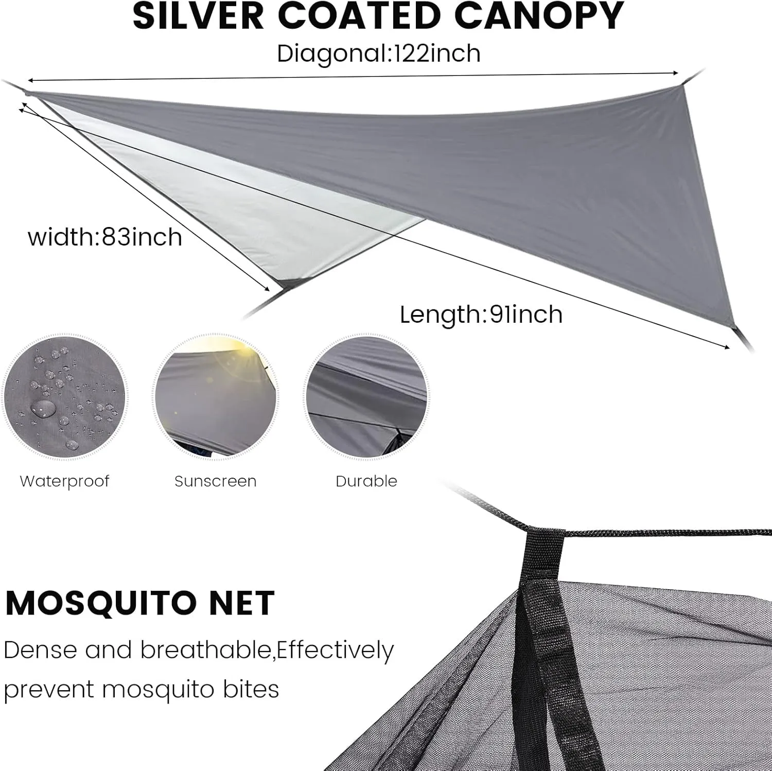 Camping Hammock with Rain Fly Mosquito Net, Waterproof Portable Nylon Hammock Tent Set with Pocket for Backpacking Hiking Travel Outdoor (Sky Blue)