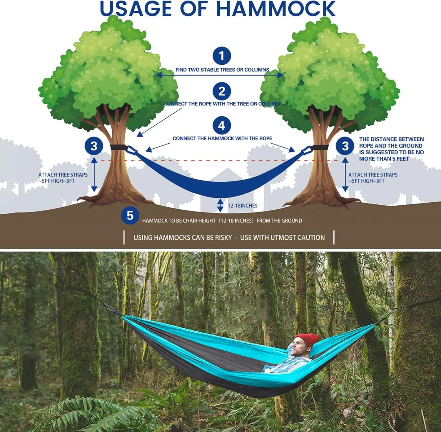 Camping Hammock with Rain Fly Mosquito Net, Waterproof Portable Nylon Hammock Tent Set with Pocket for Backpacking Hiking Travel Outdoor (Sky Blue)