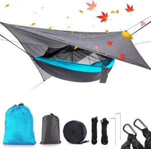 Camping Hammock with Rain Fly Mosquito Net, Waterproof Portable Nylon Hammock Tent Set with Pocket for Backpacking Hiking Travel Outdoor (Sky Blue)