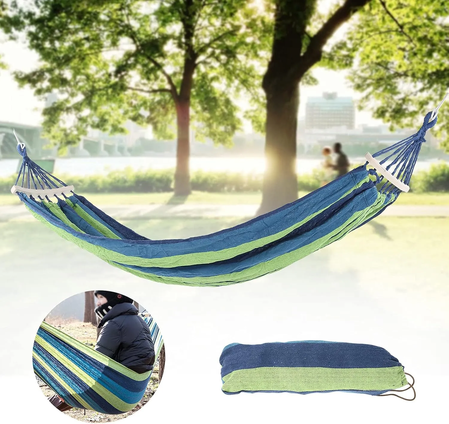 Camping Hammock,Large Woven Hammock Garden Swing with Hardwood Spreader Bar,Portable Camping Hammock Outdoor Travel Hammock,for Outdoor Summer Camping (Blue)