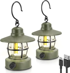 Camping Lantern Rechargeable Battery Powered 【2 Pack】, Camping Gear Must Haves, Camping Accessories, Retro Camping Light Waterproof Hanging LED Tent Lamp for Outdoor Hiking Fishing (Dark Green)