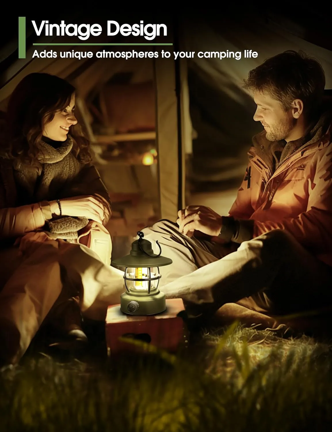 Camping Lantern Rechargeable Battery Powered 【2 Pack】, Camping Gear Must Haves, Camping Accessories, Retro Camping Light Waterproof Hanging LED Tent Lamp for Outdoor Hiking Fishing (Dark Green)