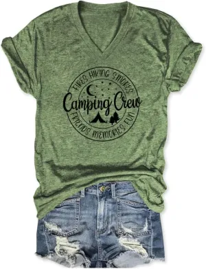 Camping Shirts for Women Friends Camping Crew V Neck Tshirts Family Vacation Hiking Camper Graphic Tees Tops