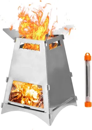 Camping Stove Outdoor Wood Burning Stove with Blow Fire Pipe Stainless Steel Folding BBQ Grill (Color : Silver, Size : One Size) (Silver One Size)
