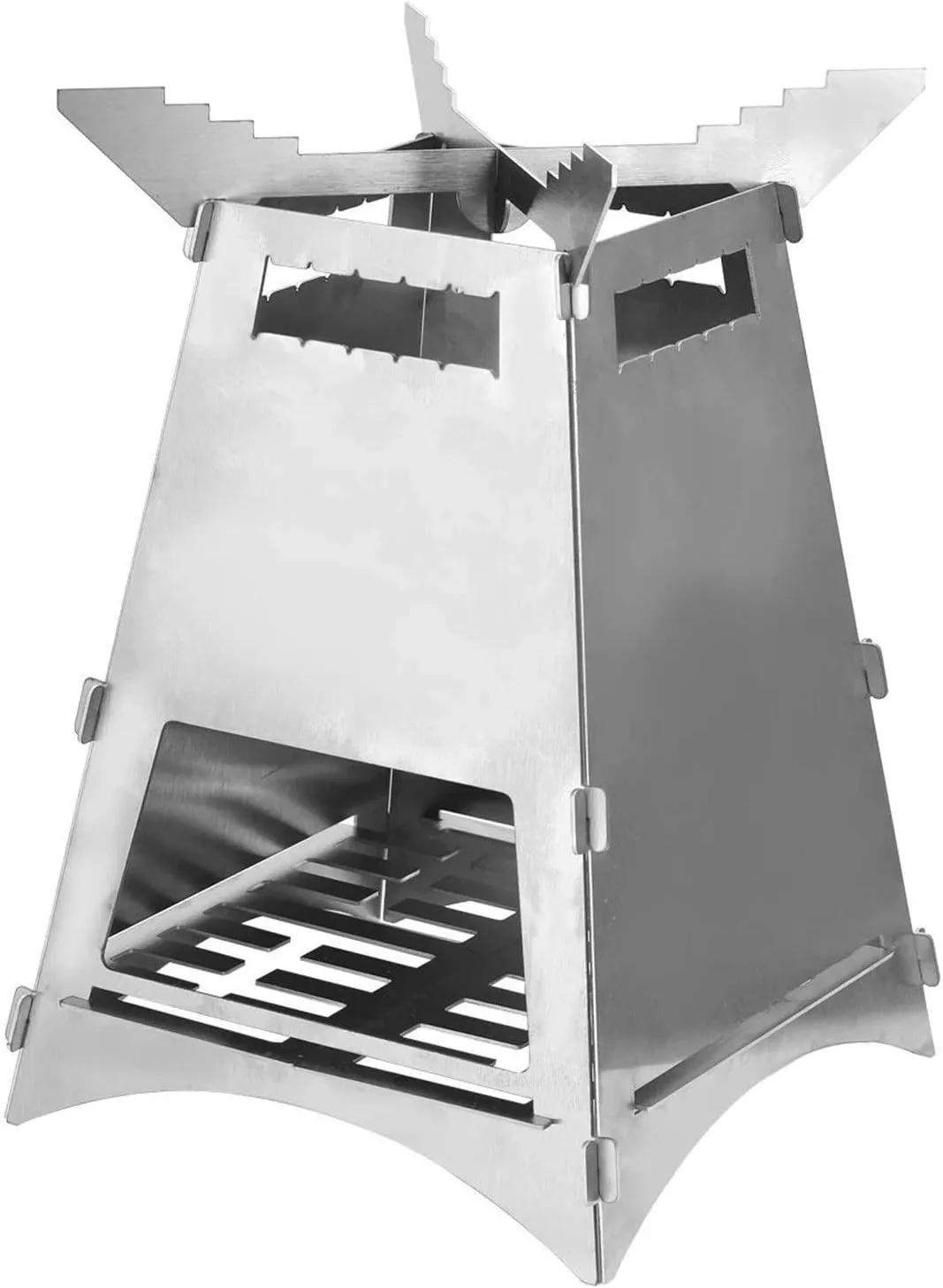 Camping Stove Outdoor Wood Burning Stove with Blow Fire Pipe Stainless Steel Folding BBQ Grill (Color : Silver, Size : One Size) (Silver One Size)