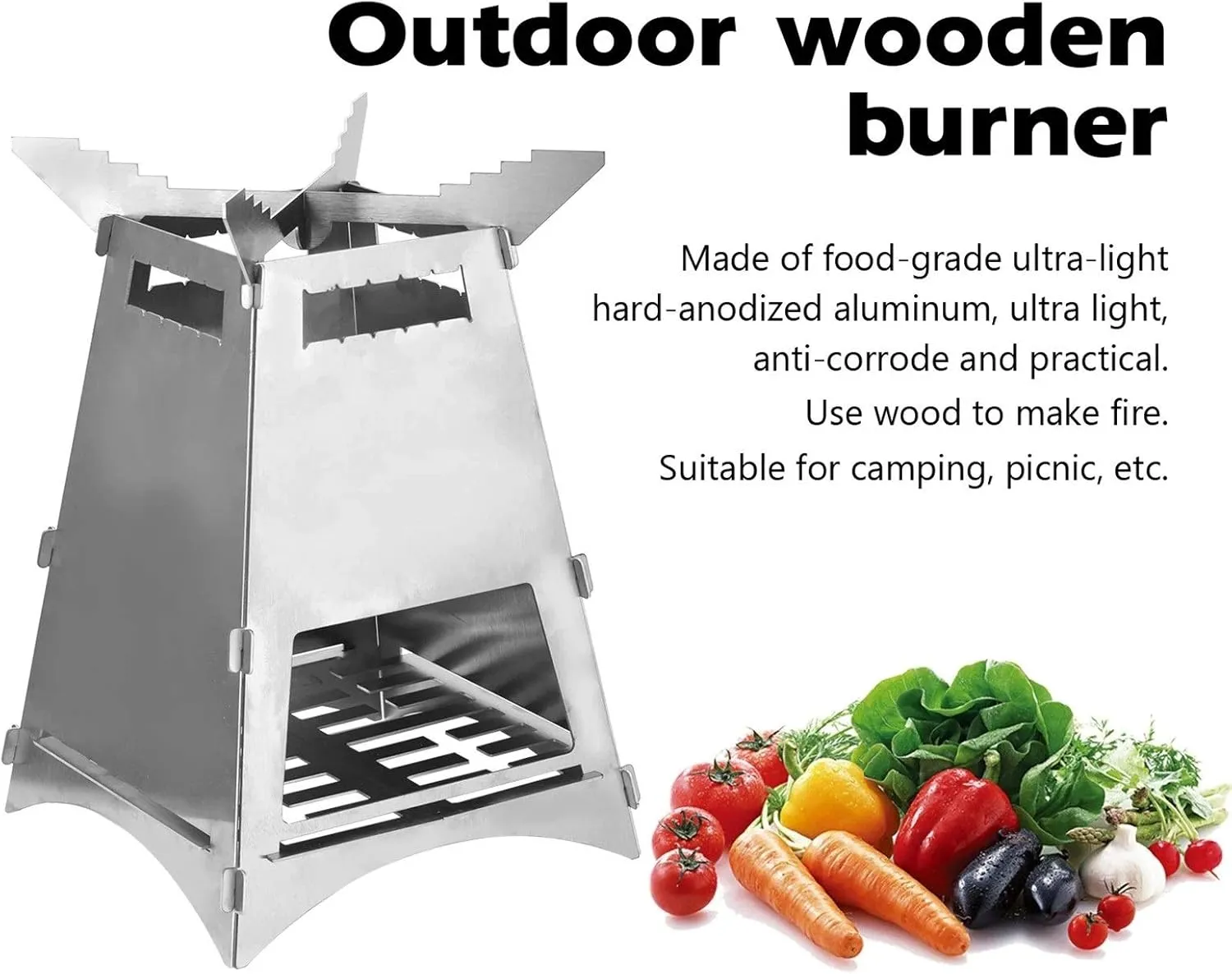 Camping Stove Outdoor Wood Burning Stove with Blow Fire Pipe Stainless Steel Folding BBQ Grill (Color : Silver, Size : One Size) (Silver One Size)