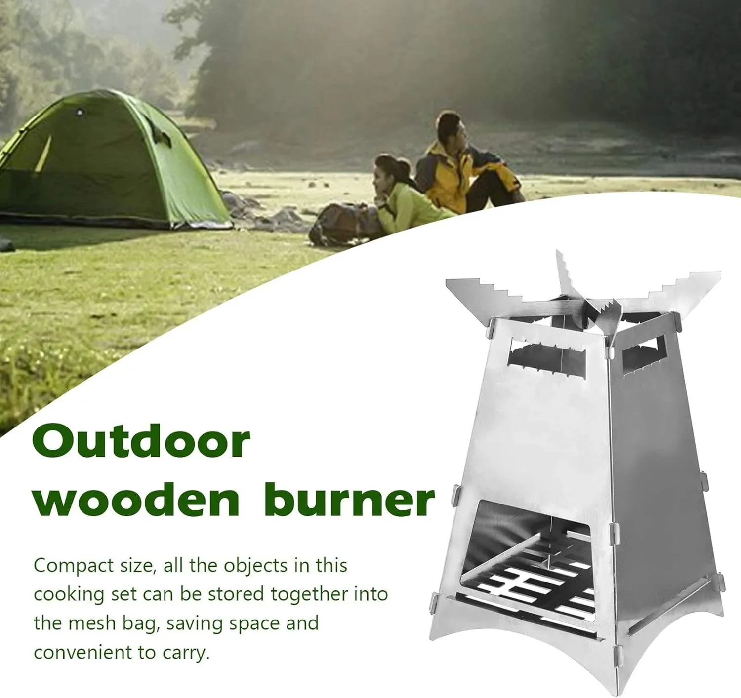 Camping Stove Outdoor Wood Burning Stove with Blow Fire Pipe Stainless Steel Folding BBQ Grill (Color : Silver, Size : One Size) (Silver One Size)