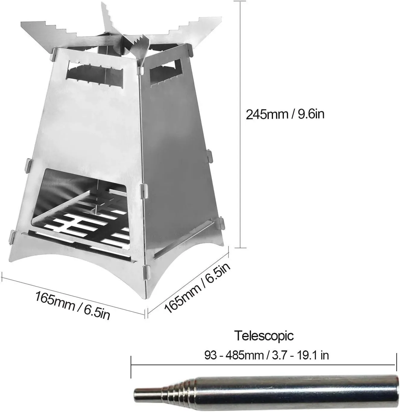 Camping Stove Outdoor Wood Burning Stove with Blow Fire Pipe Stainless Steel Folding BBQ Grill (Color : Silver, Size : One Size) (Silver One Size)