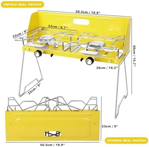 Camping Stove with Carrying Case Foldable Portable Grill Stove Include Camp Stove Windscreen Compact Butane Stove for Camping and Outdoor Cooking（2 burner）