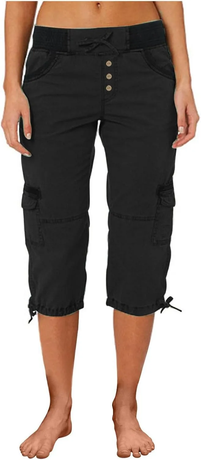 Cargo Capri Pants Women Plus Size Elastic Waist Drawstring Adjustable Legs Summer Casual Comfy Hiking Capris