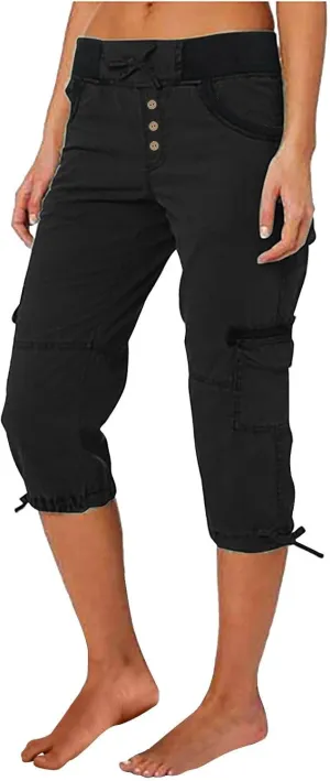 Cargo Capri Pants Women Plus Size Elastic Waist Drawstring Adjustable Legs Summer Casual Comfy Hiking Capris