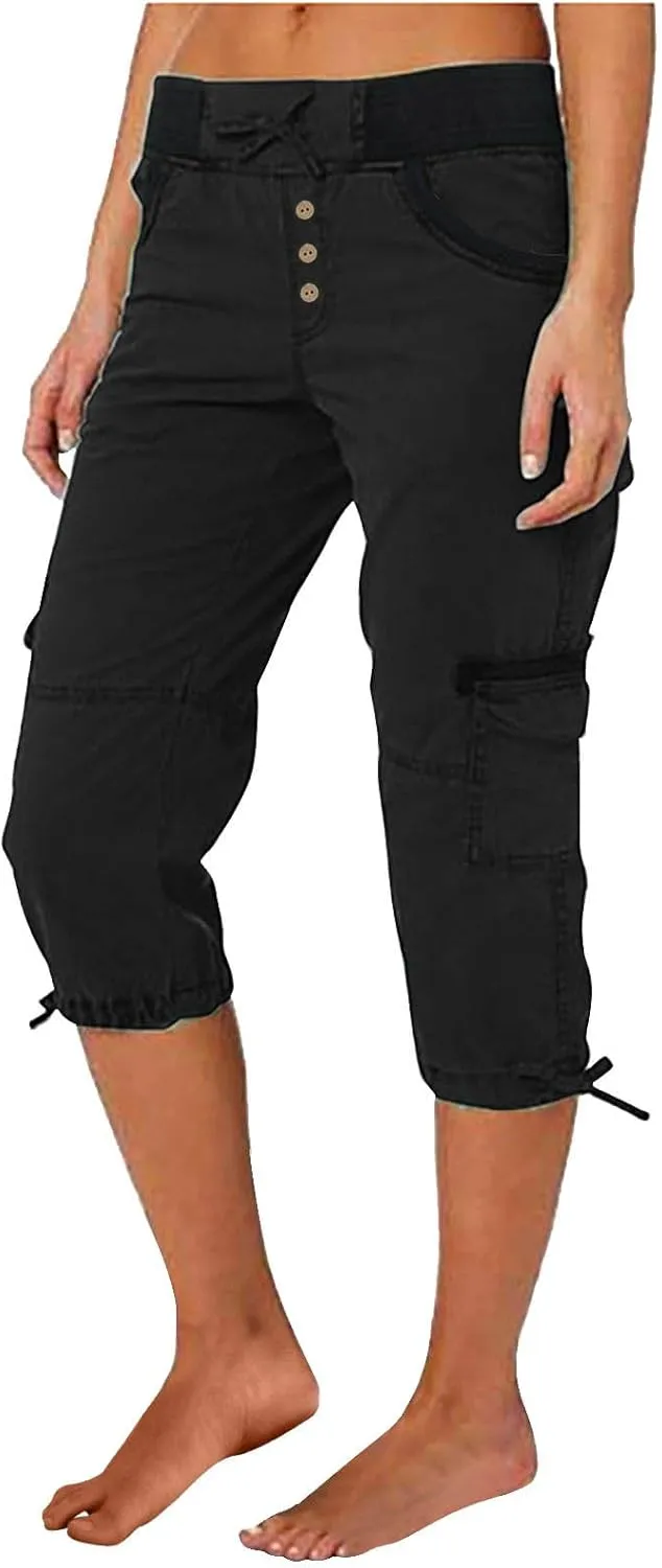 Cargo Capri Pants Women Plus Size Elastic Waist Drawstring Adjustable Legs Summer Casual Comfy Hiking Capris