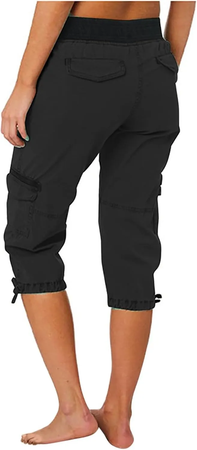 Cargo Capri Pants Women Plus Size Elastic Waist Drawstring Adjustable Legs Summer Casual Comfy Hiking Capris