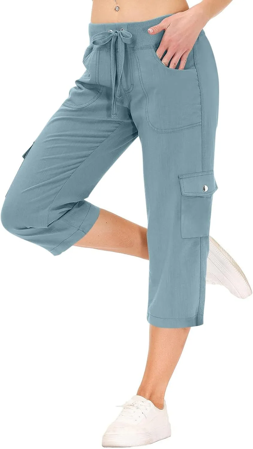 Cargo Capris for Women Casual Drawstring Capris Pants with Pockets Summer Plus Size Capri Hiking Pants Cargo Pant