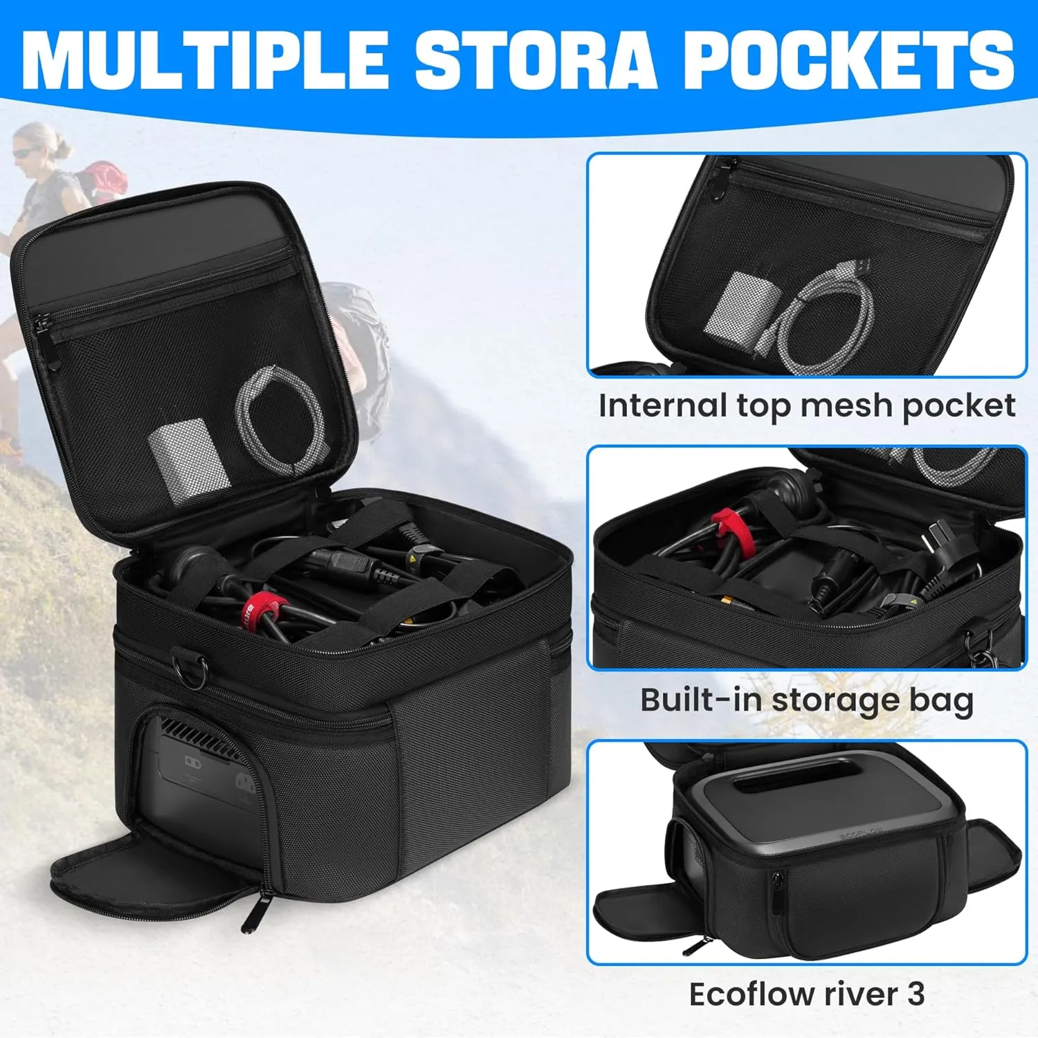 Carrying Bag Compatible with ECOFLOW River 3, Portable Power Station Case with Shoulder-strap & Hanlde, Soft Generator Cover with Side Zipper & Multiple Pockets (Black, For River 3)