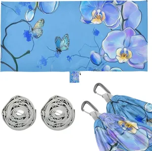 Cartoon Orchid Blue Floral Flower Outdoor Hammocks with Hanging Rope Swing Hammock for Camping Travel Accessories