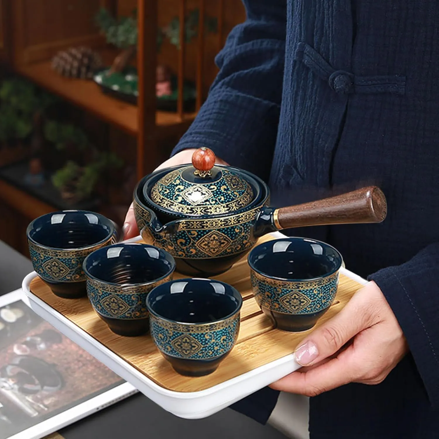 Ceramic Chinese Gongfu Tea Set, Portable Travel Tea Set with Travel Bag Japanese Green Tea Sets with 360 Rotation Tea maker and Infuser Tea Sets for Home Office, Type 1