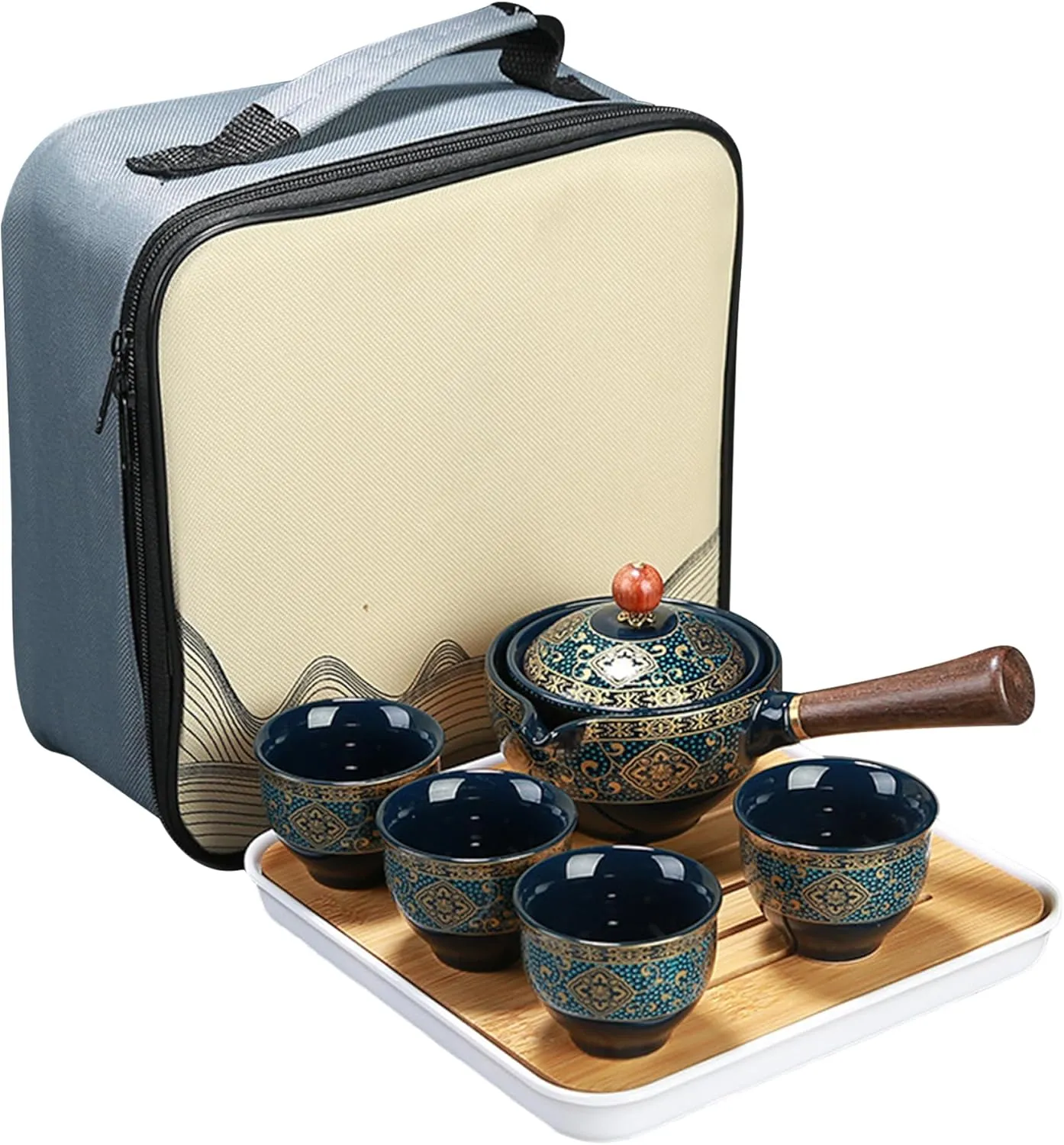Ceramic Chinese Gongfu Tea Set, Portable Travel Tea Set with Travel Bag Japanese Green Tea Sets with 360 Rotation Tea maker and Infuser Tea Sets for Home Office, Type 1