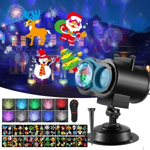 Christmas LED Projector Lights, 2-In-1 Ocean Wave Moving Patterns Projector Lights with 16 Slides 10 Wave Colors, Waterproof Outdoor Indoor for Party Holiday Halloween Courtyard Decoration