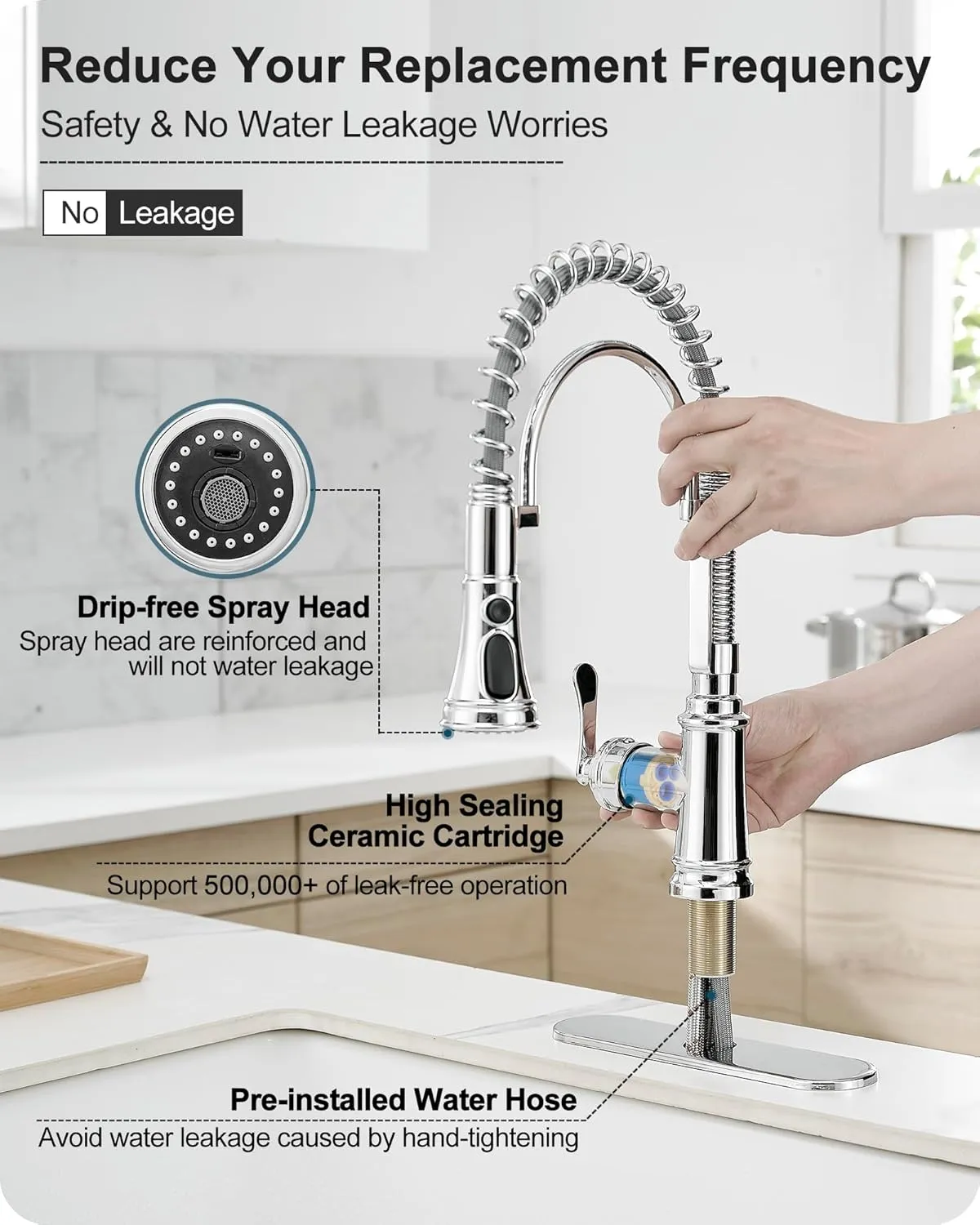 Chrome Kitchen Sink Faucet with Sprayer, 3-Function Single Hole Kitchen Faucets 3 Hole, Single Handle Modern Kitchen Faucet, 360 Degree Swivel Spring Faucet for Kitchen Sink with Deck Plate