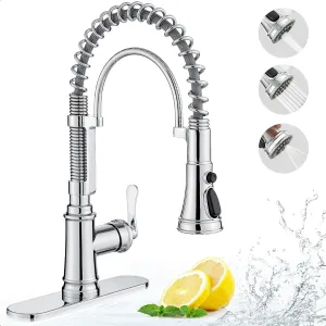 Chrome Kitchen Sink Faucet with Sprayer, 3-Function Single Hole Kitchen Faucets 3 Hole, Single Handle Modern Kitchen Faucet, 360 Degree Swivel Spring Faucet for Kitchen Sink with Deck Plate