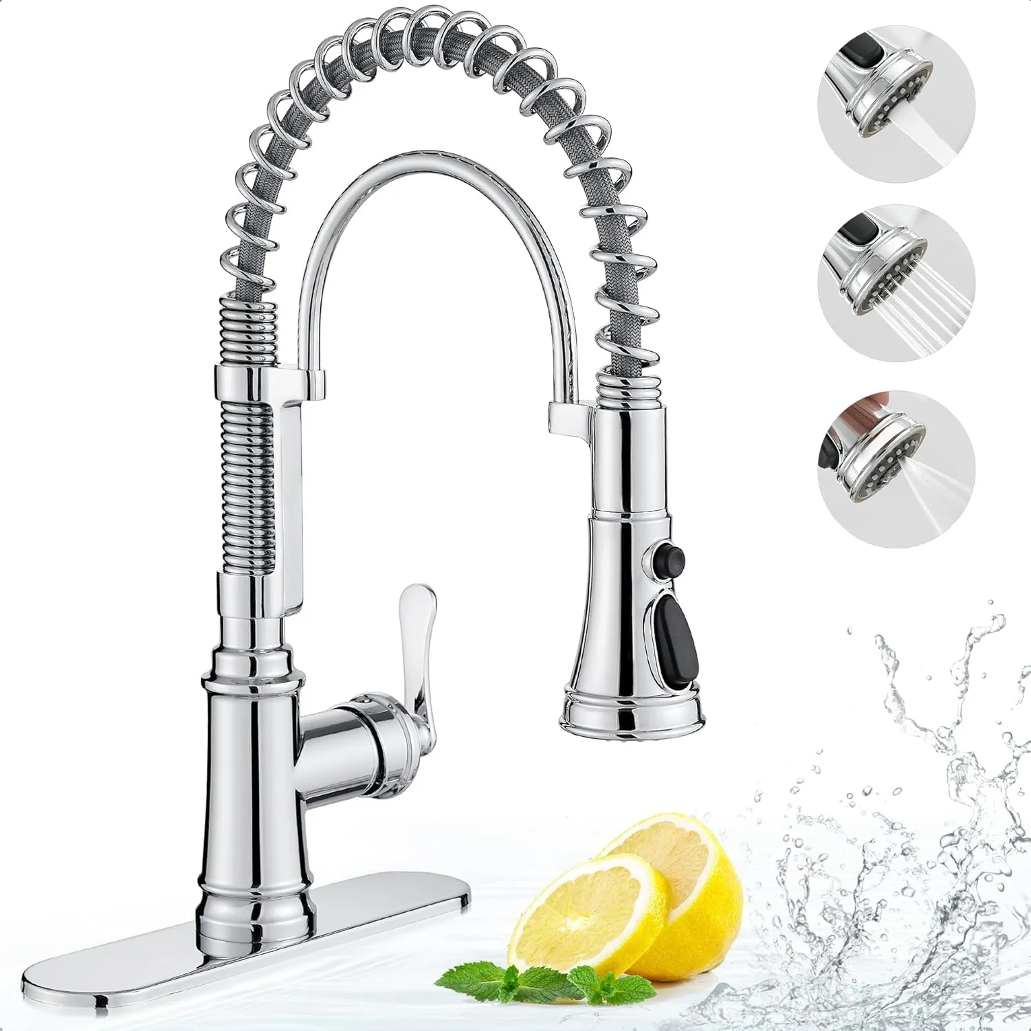 Chrome Kitchen Sink Faucet with Sprayer, 3-Function Single Hole Kitchen Faucets 3 Hole, Single Handle Modern Kitchen Faucet, 360 Degree Swivel Spring Faucet for Kitchen Sink with Deck Plate