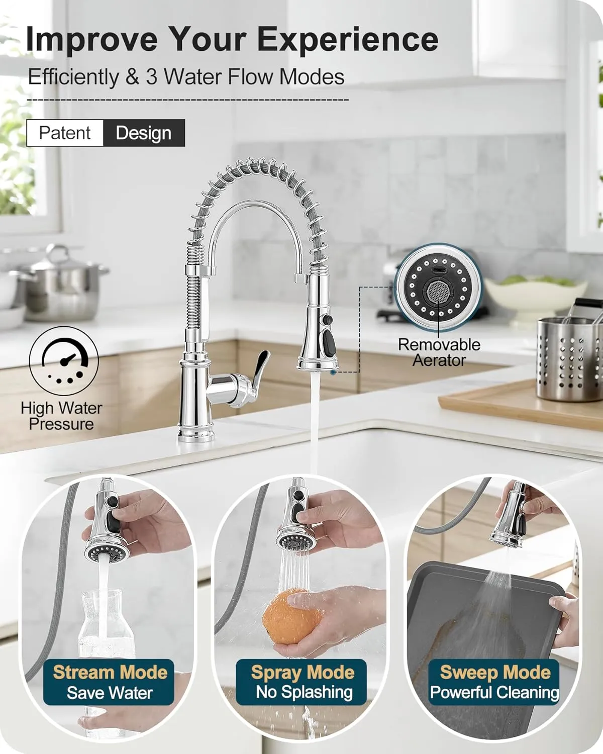 Chrome Kitchen Sink Faucet with Sprayer, 3-Function Single Hole Kitchen Faucets 3 Hole, Single Handle Modern Kitchen Faucet, 360 Degree Swivel Spring Faucet for Kitchen Sink with Deck Plate