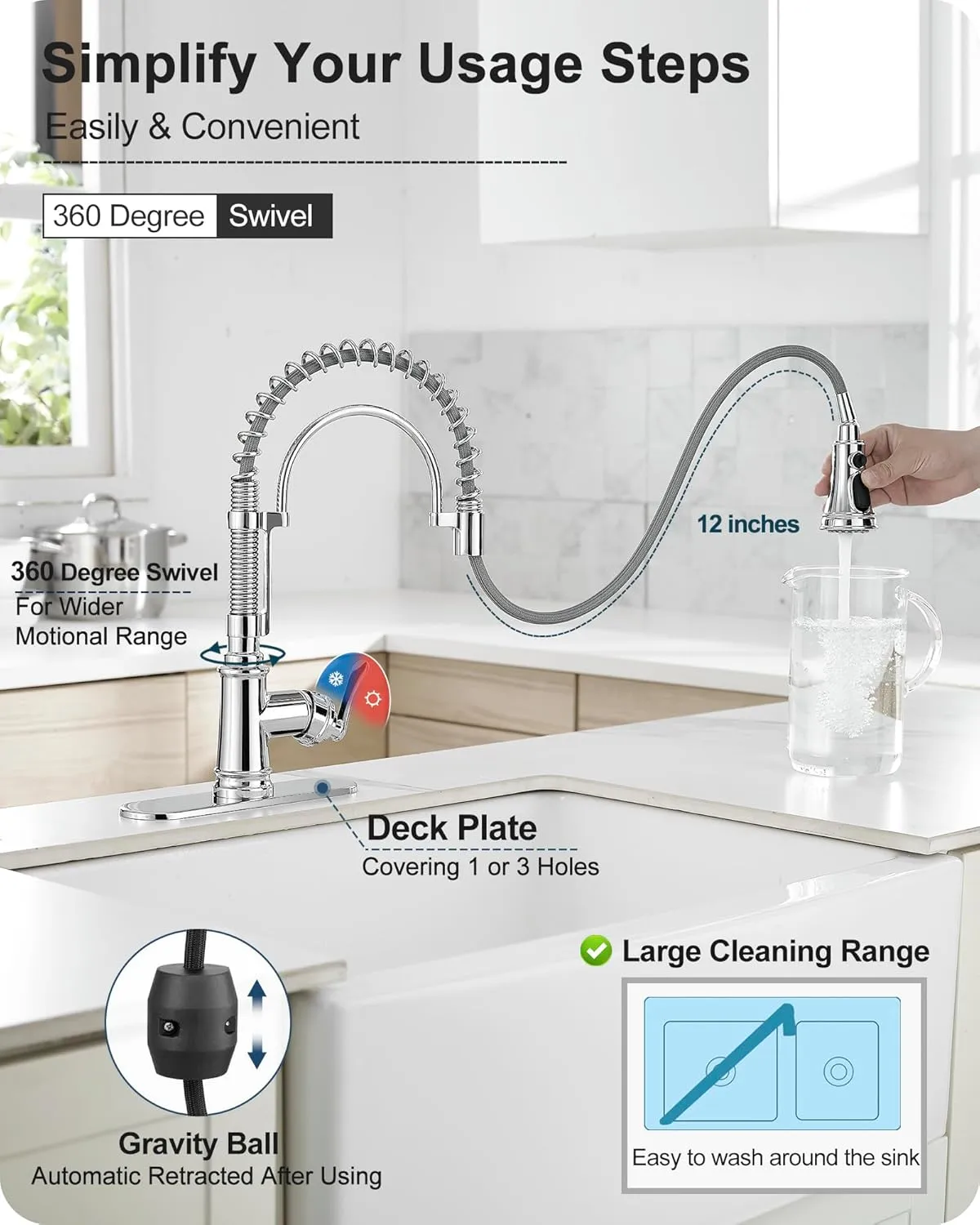 Chrome Kitchen Sink Faucet with Sprayer, 3-Function Single Hole Kitchen Faucets 3 Hole, Single Handle Modern Kitchen Faucet, 360 Degree Swivel Spring Faucet for Kitchen Sink with Deck Plate