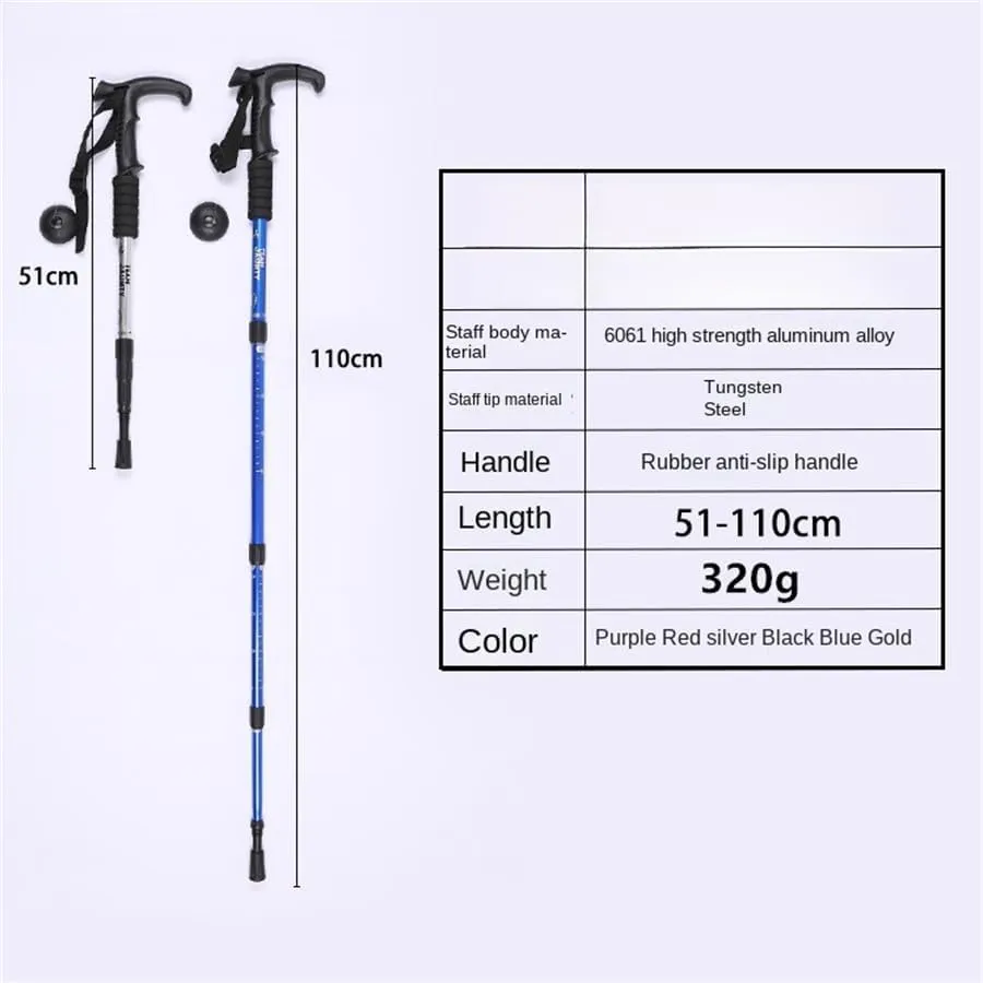 Climbing stick, hiking pole -2 poles with shock-absorbing and quick locking system, extendable, foldable, ultra light, suitable for hiking, camping, mountaineering, backpacking, and walking.