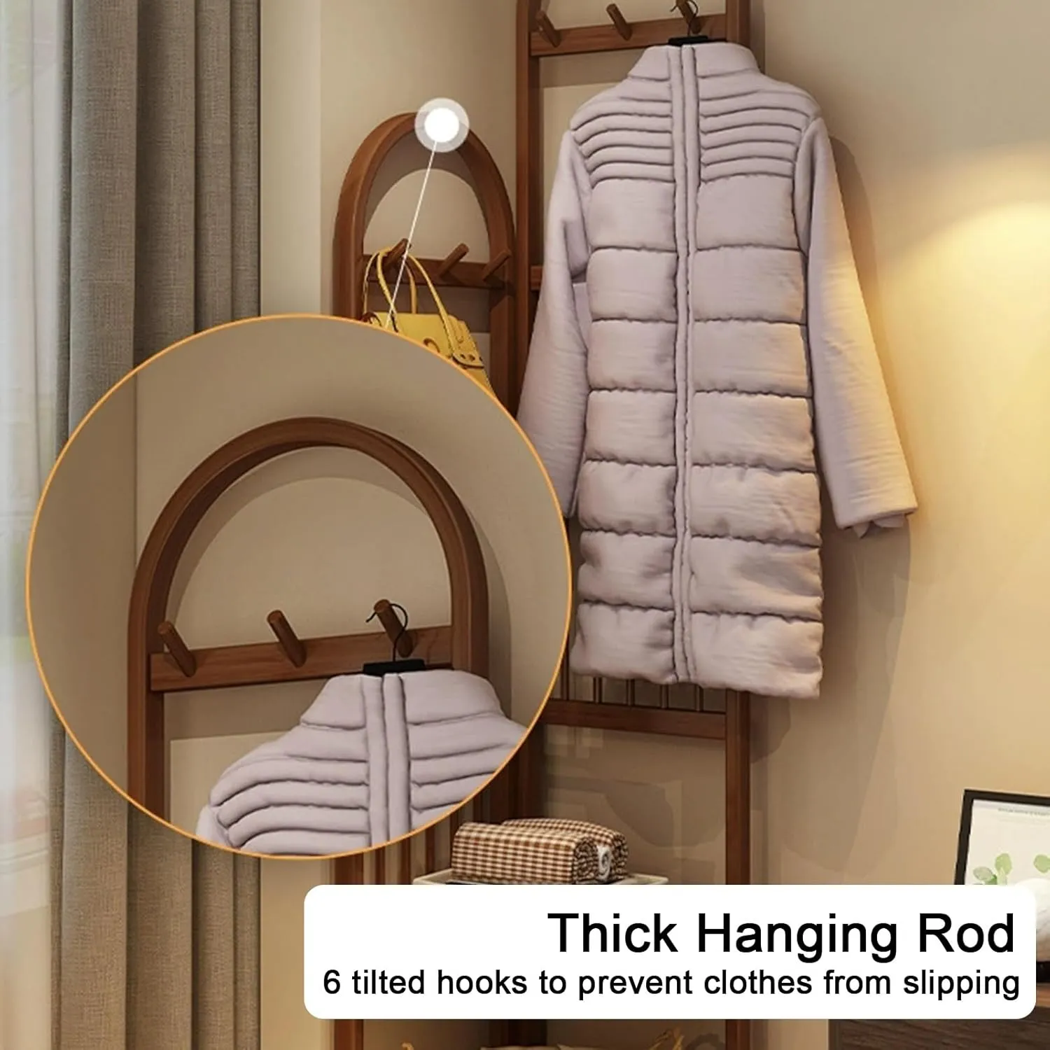 Coat Rack Freestanding for Corner, Bamboo Standing Coat Rack with 6 Hooks, Jacket Hanger Stand with 2 Shelves for Entrance, Bedside(Brown,30cm/12in)