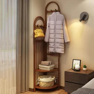 Coat Rack Freestanding for Corner, Bamboo Standing Coat Rack with 6 Hooks, Jacket Hanger Stand with 2 Shelves for Entrance, Bedside(Brown,30cm/12in)