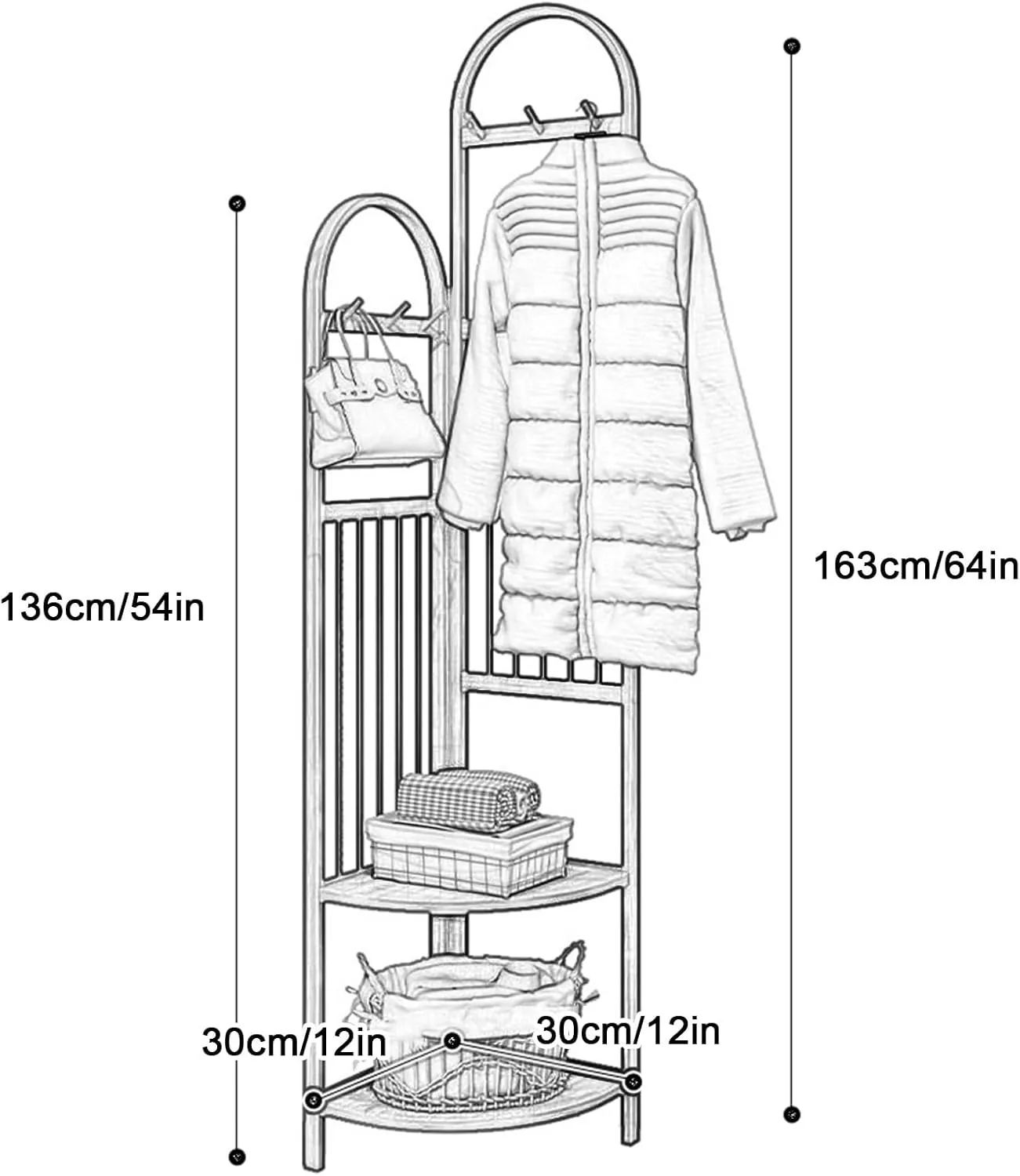 Coat Rack Freestanding for Corner, Bamboo Standing Coat Rack with 6 Hooks, Jacket Hanger Stand with 2 Shelves for Entrance, Bedside(Brown,30cm/12in)