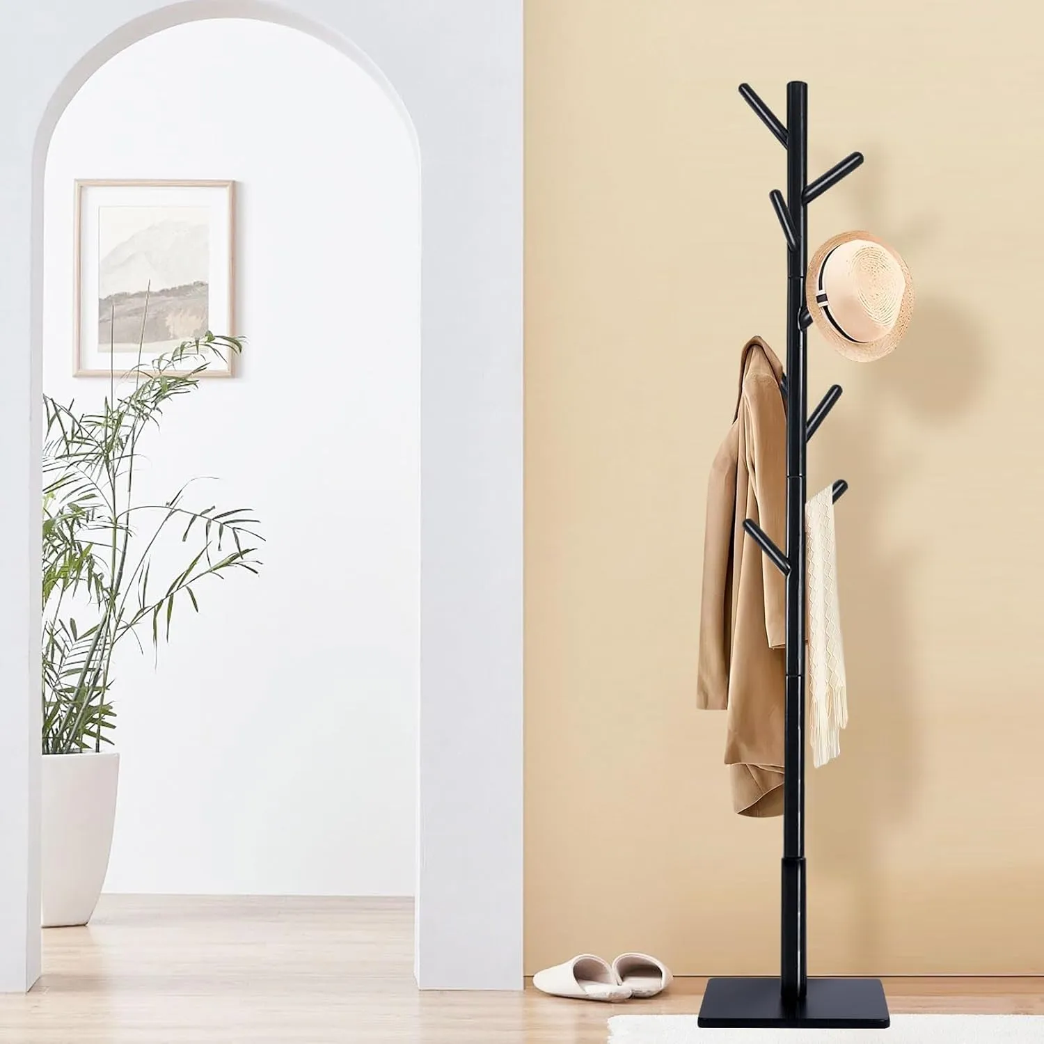 Coat Rack Freestanding with Stable Square Base for Cloathes, Hat, Used in Bedroom, Office and Entryway, Sturdy and Easy Assembly Coat Tree with 3 Adjustable Sizes and 8 Hooks, Black