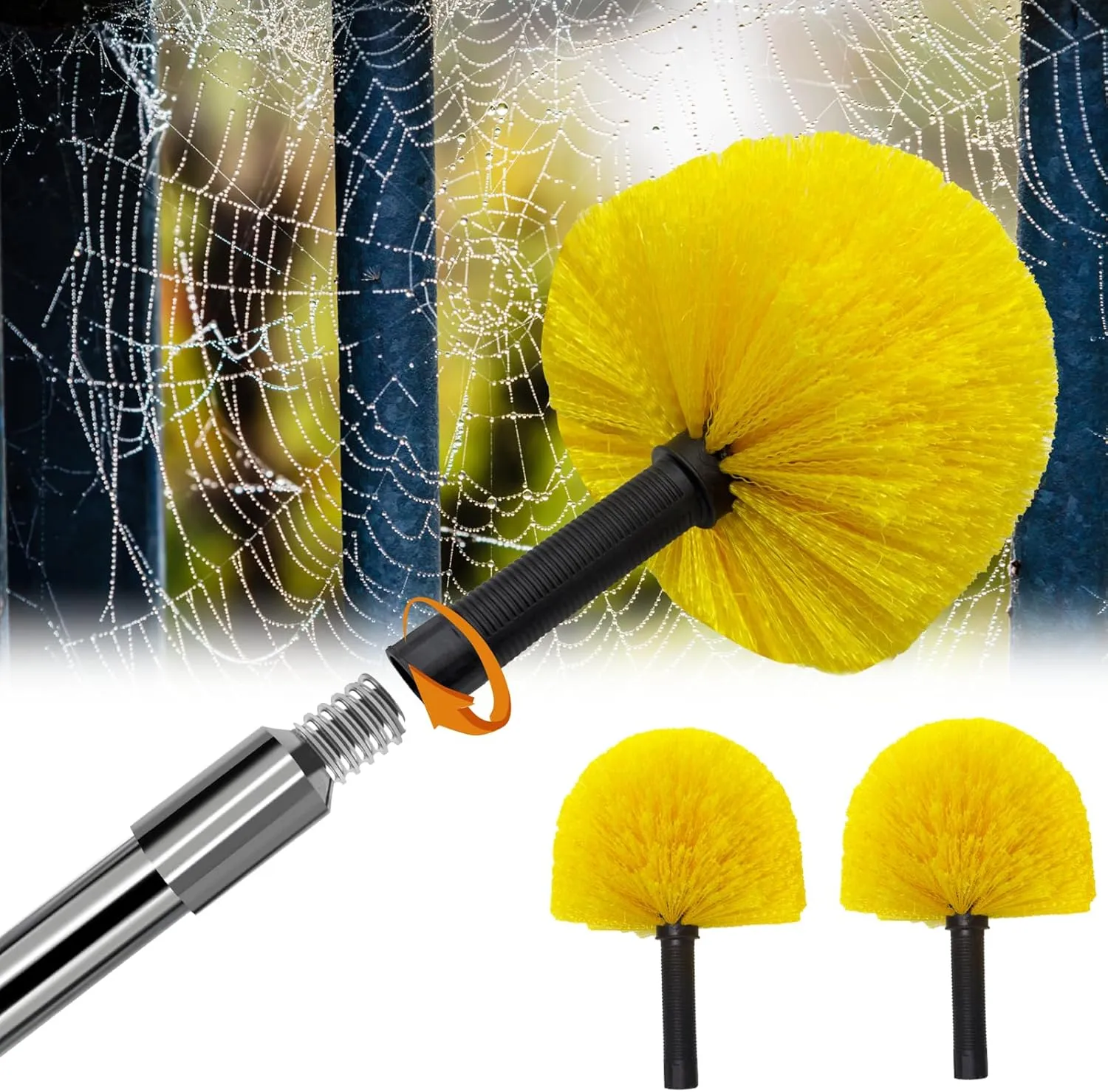 Cobweb Duster with Extension Pole, 8ft Long Spider Web Remover Tool, 2 Medium-Stiff Bristle Dewebber Heads, Outdoor/Indoor Spiderweb Cleaning Dusters, Cob Webster Removal Brush